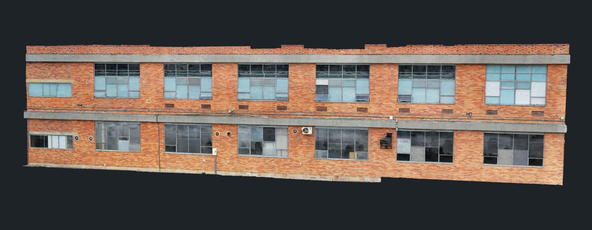 Modelo 3D de una fachada de ladrillo de dos pisos, generado con fotos de dron
