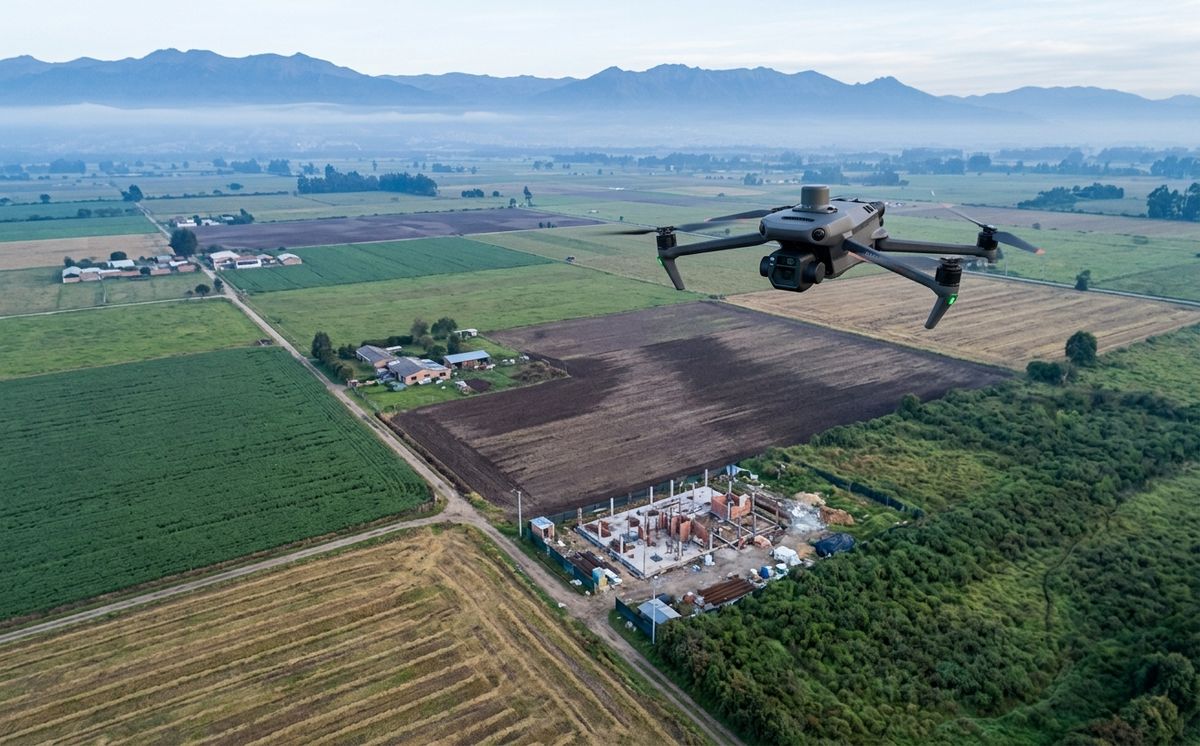 Dron sobrevolando un terreno para un levantamiento fotogramétrico