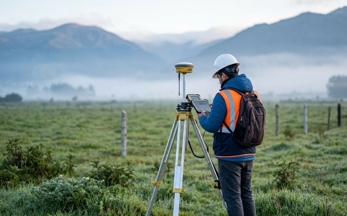 Topógrafo con un receptor GNSS en un terreno rural